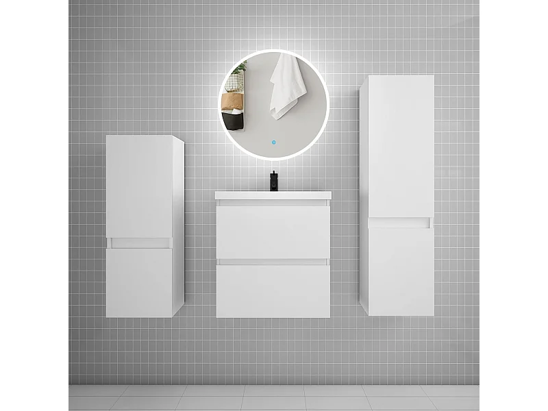 Ensemble meuble vasque L.50cm 2 tiroirs + vasque + LED miroir rond 60cm + 2*colonne,blanc
