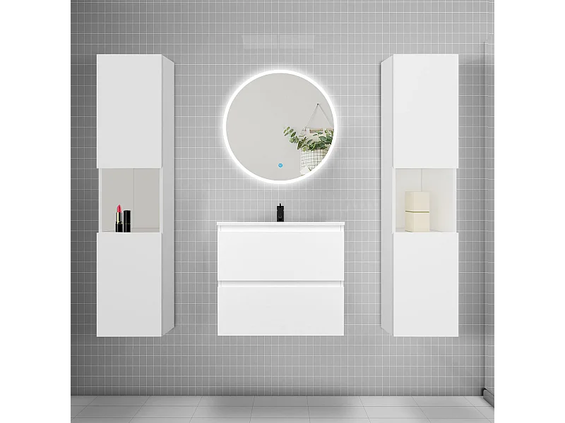 AICA Ensemble meuble de salle de bain Vasque L.50cm 2 tiroirs + vasque + LED Miroir 60cm + 2*Colonne, Blanc