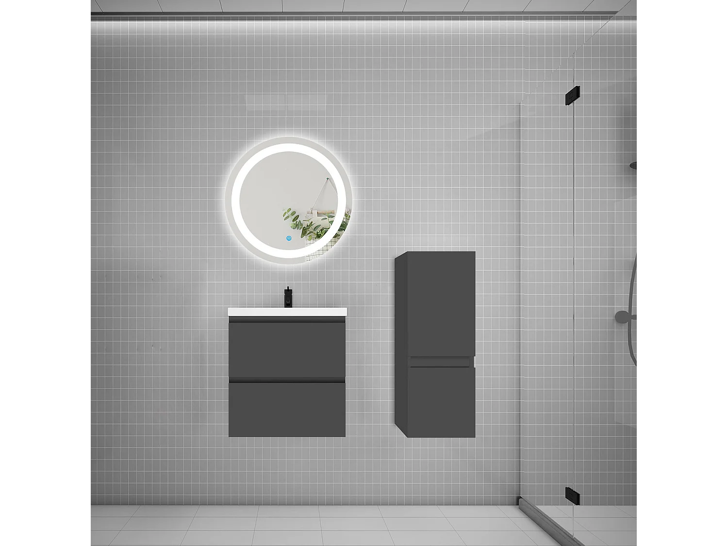 Ensemble meuble vasque L.50cm 2 tiroirs + vasque + LED miroir rond 60cm + colonne,anthracite,style