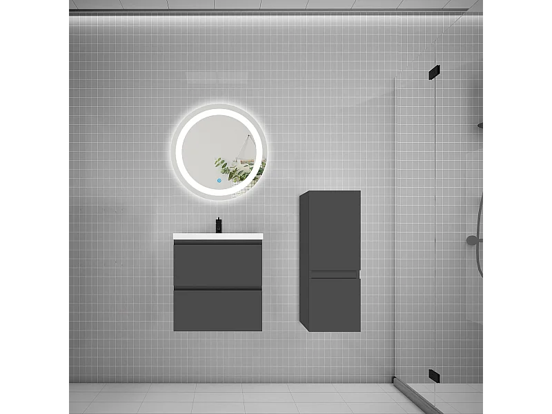 Ensemble meuble vasque L.50cm 2 tiroirs + vasque + LED miroir rond 60cm + colonne,anthracite,style