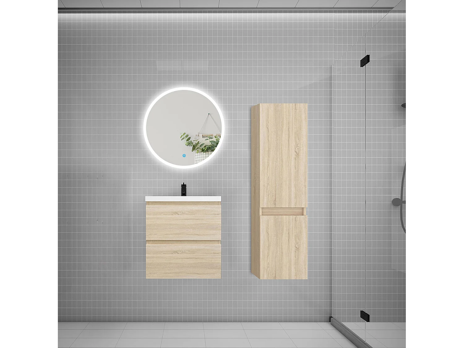 Ensemble meuble vasque L.50cm 2 tiroirs + vasque + LED miroir rond 60cm + colonne C,chêne