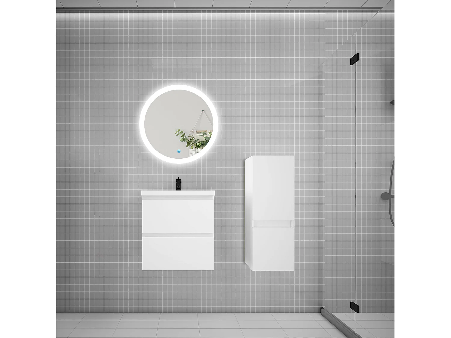 Ensemble meuble vasque L.50cm 2 tiroirs + vasque + LED miroir rond 60cm + colonne,blanc,AICA