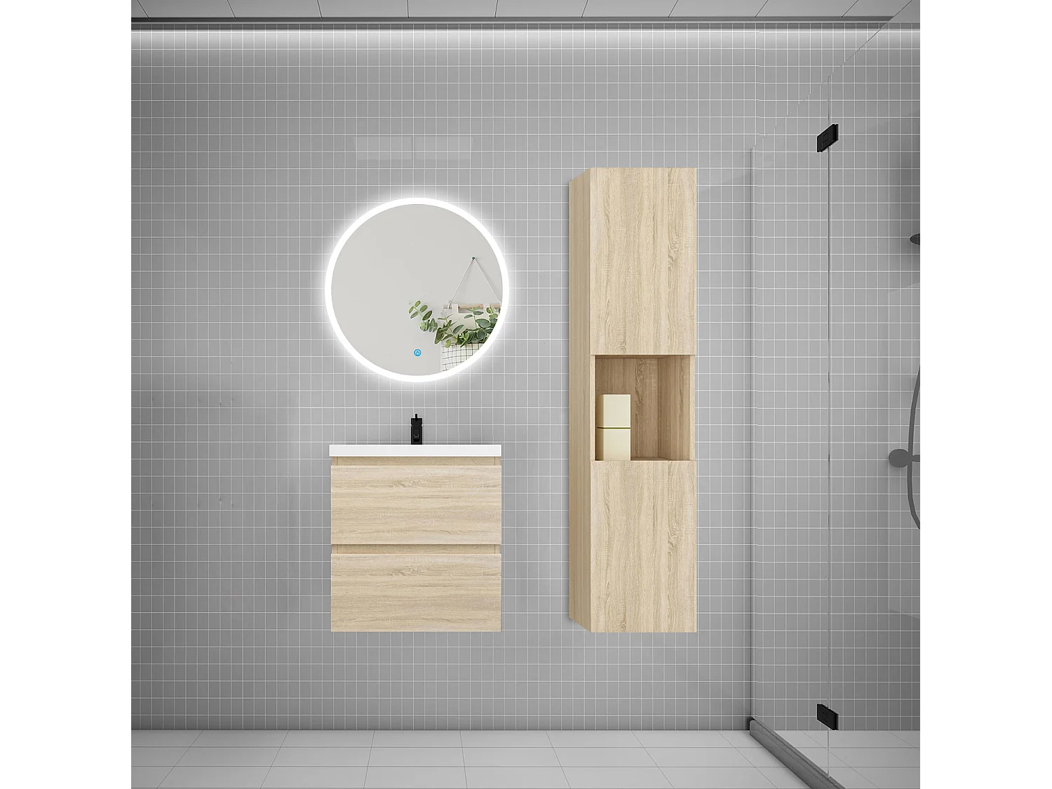 AICA Ensemble meuble vasque L.50cm 2 tiroirs + vasque + LED miroir rond 60cm + colonne,chêne