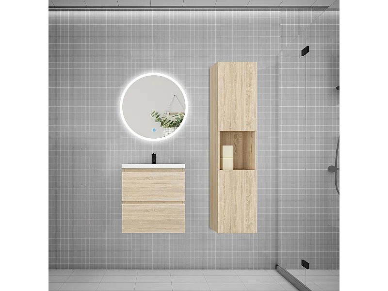 AICA Ensemble meuble vasque L.50cm 2 tiroirs + vasque + LED miroir rond 60cm + colonne,chêne