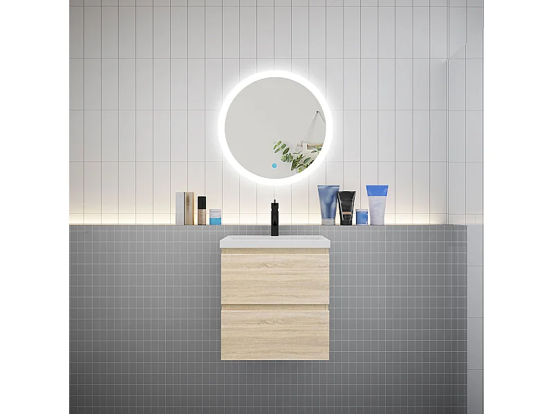 Ensemble meuble vasque L.50cm 2 tiroirs + vasque + LED miroir rond 60cm,chêne,A