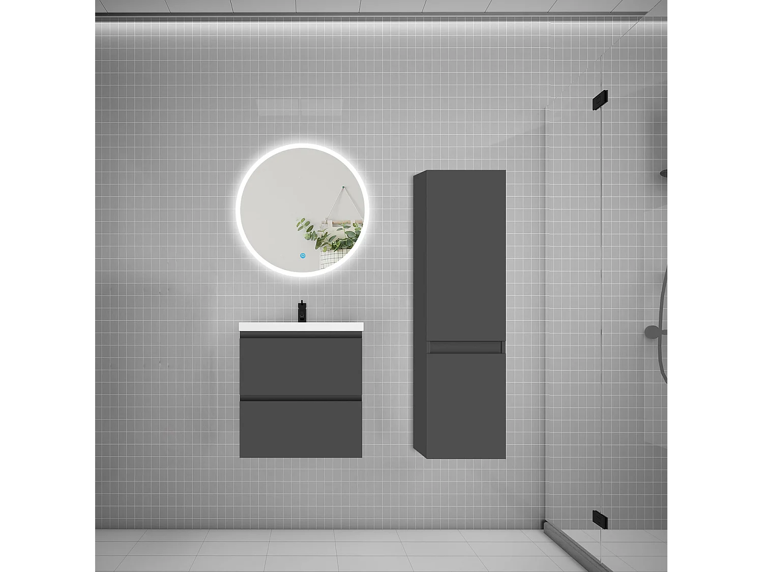 Ensemble meuble vasque L.50cm 2 tiroirs + vasque + LED miroir rond 60cm + colonne B,anthracite