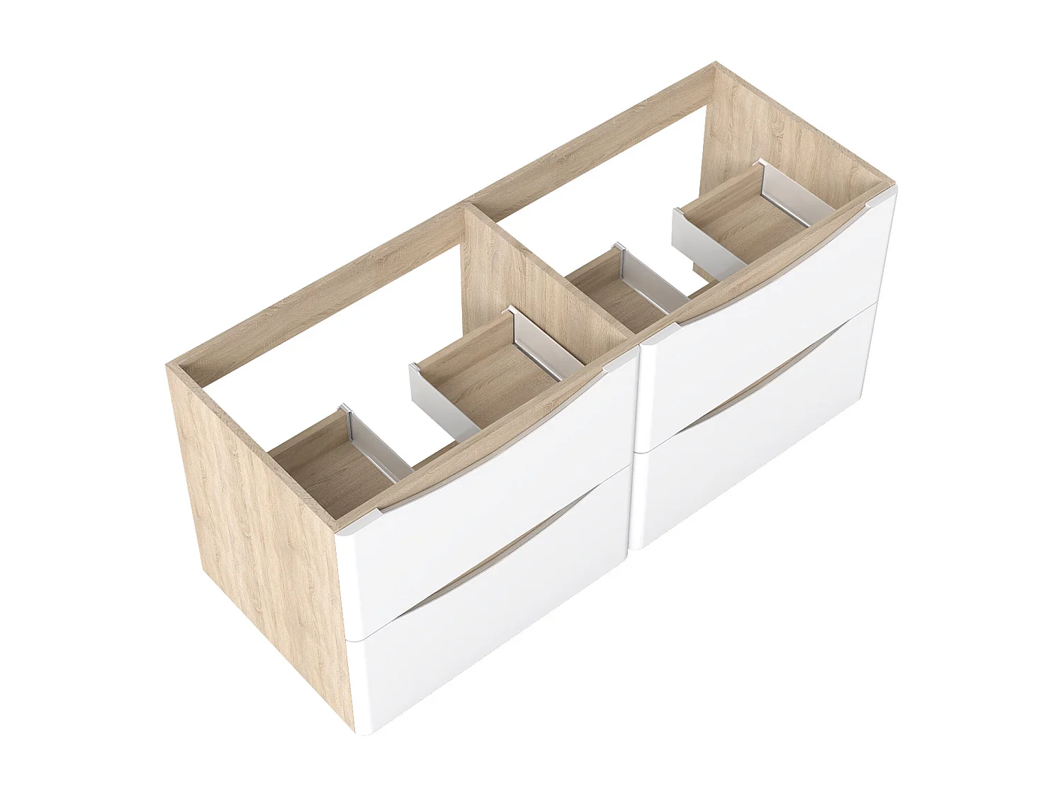 AICA Meuble de salle de bain suspendu 120 cm Brillant + 4 tiroirs, Blanc et Chêne - sans compter vasque