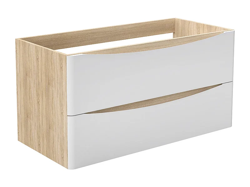 AICA Meuble de salle de bain suspendu 100 cm Brillant + 2 tiroirs, Blanc et Chêne - sans compter vasque