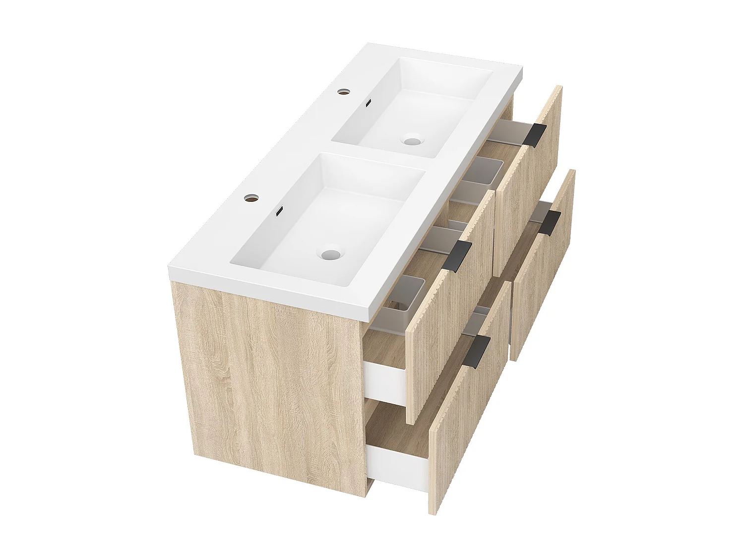 AICA Ensemble salle de bain suspendu 120 cm Chêne - Avec 4 tiroirs + double vasque