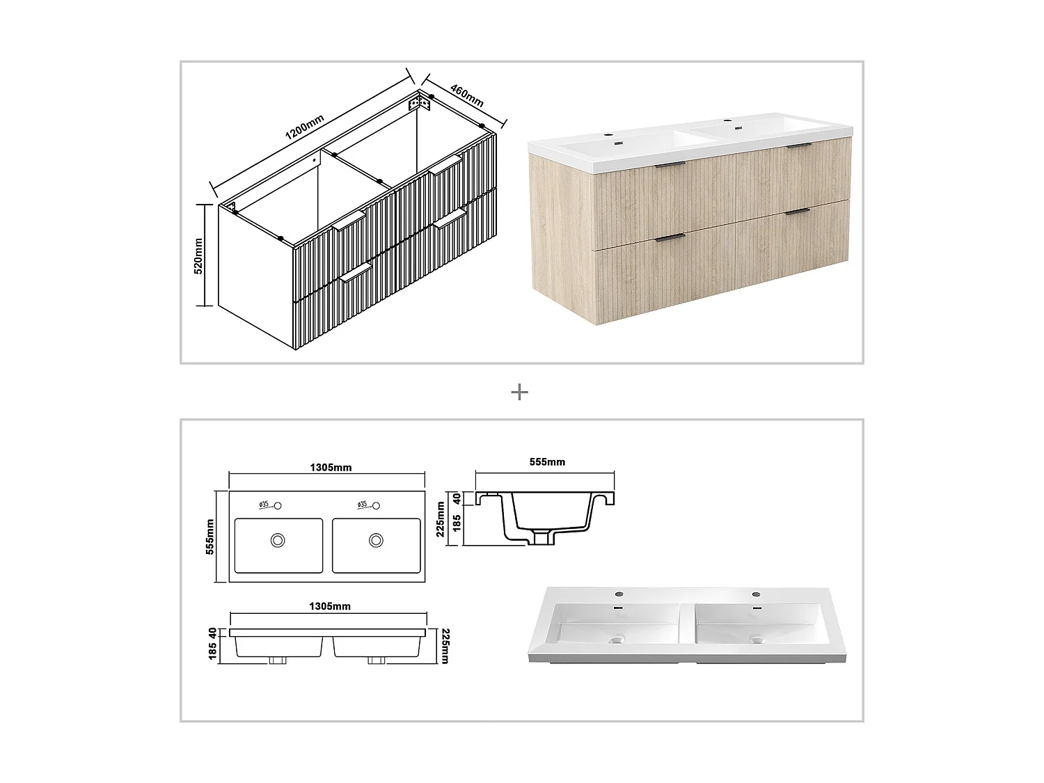 AICA Ensemble salle de bain suspendu 120 cm Chêne - Avec 4 tiroirs + double vasque