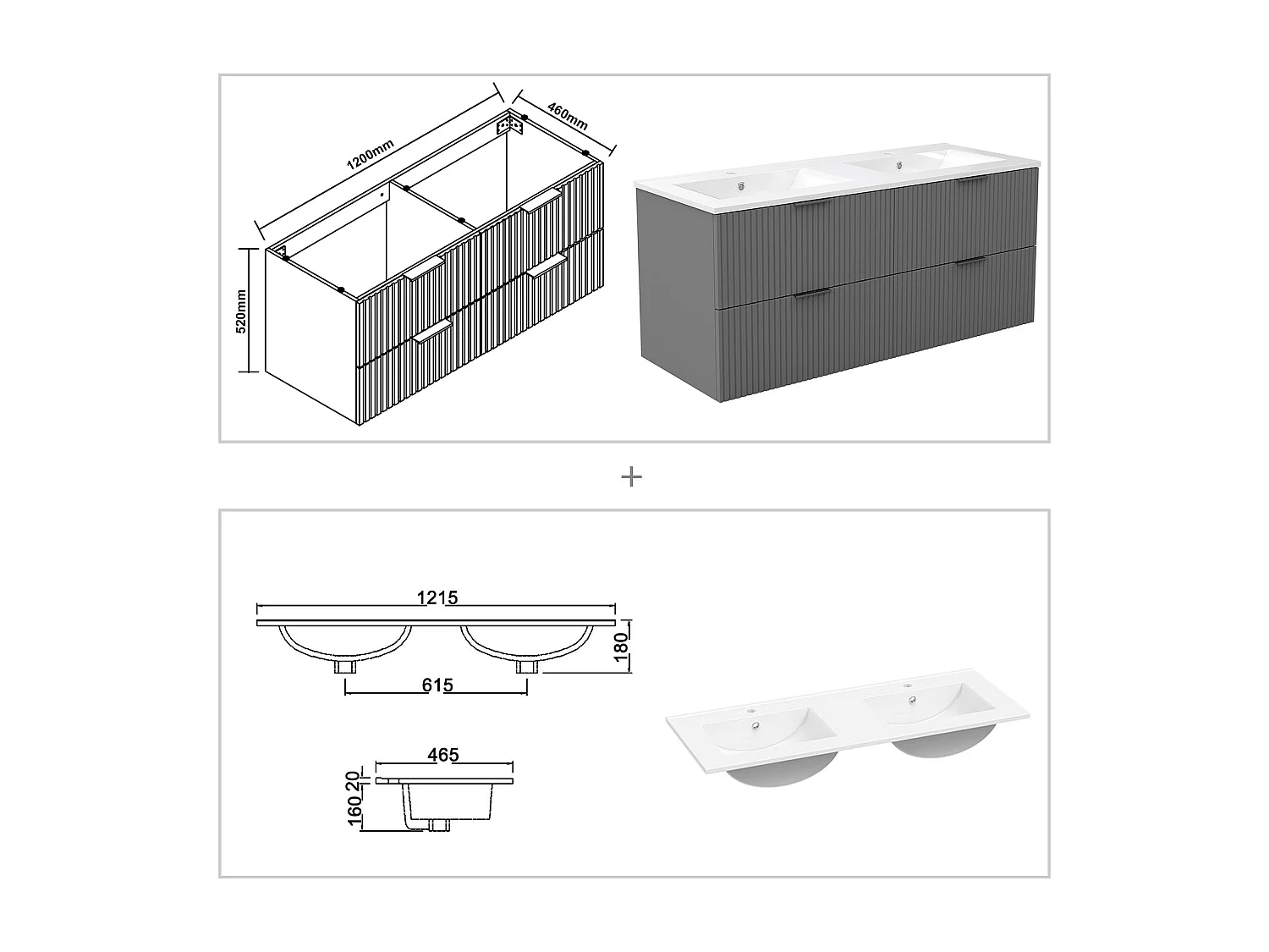 AICA Ensemble salle de bain suspendu 120 cm Anthracite avec 4 tiroirs + vasque double en céramique
