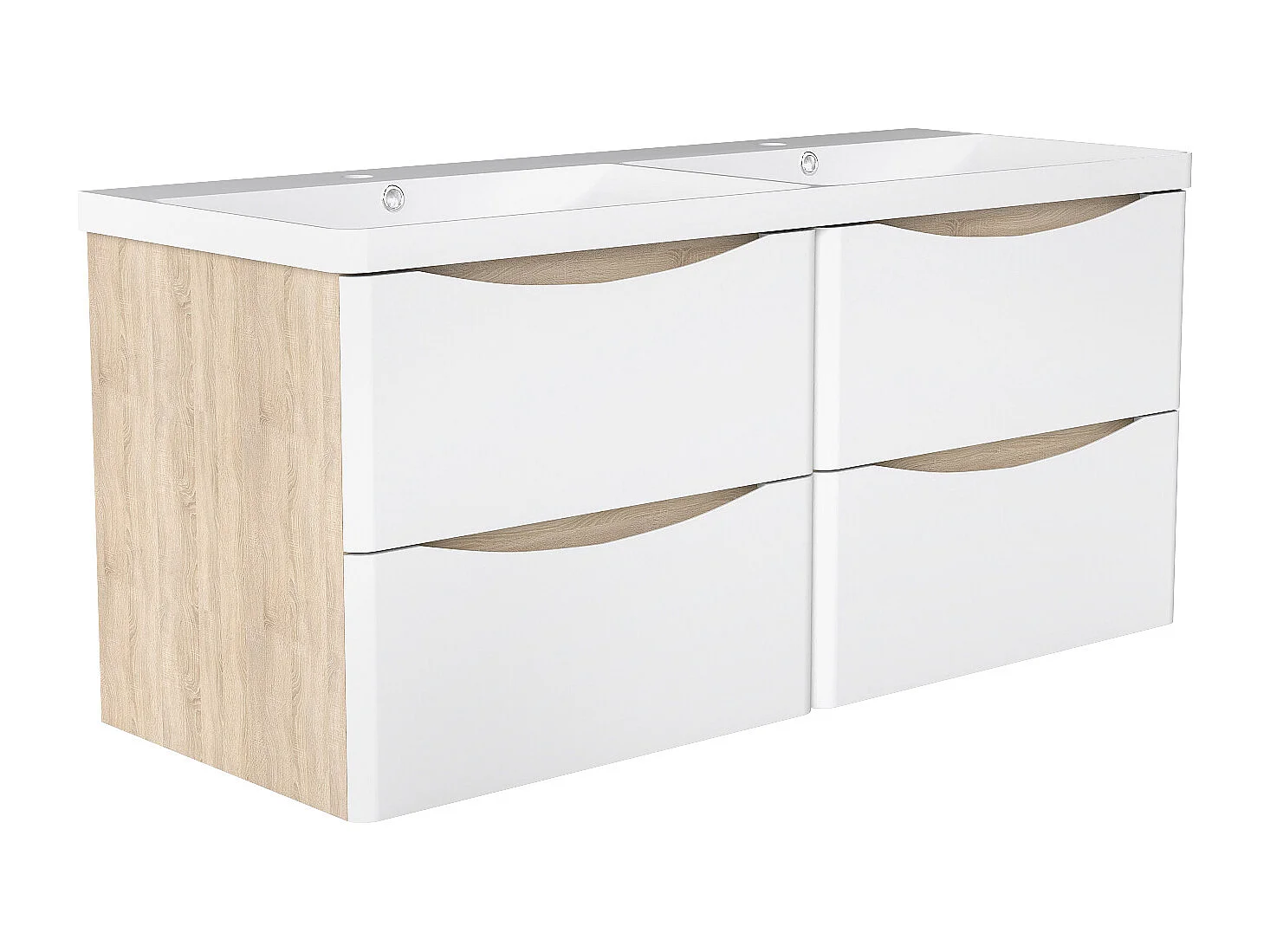 AICA Ensemble salle de bain suspendu Brillant 120 cm avec vasque + 4 tiroirs, Blanc et Chêne