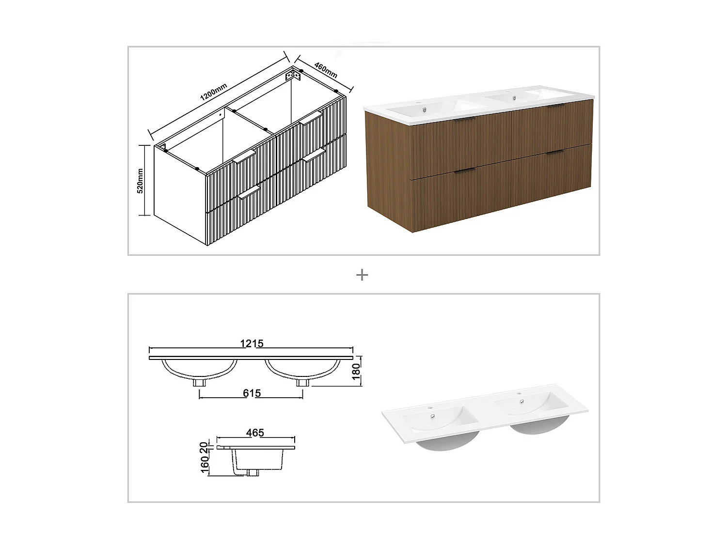 AICA Ensemble salle de bain suspendu 120 cm Noyer avec 4 tiroirs + vasque double en céramique
