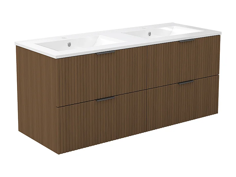 AICA Ensemble salle de bain suspendu 120 cm Noyer avec 4 tiroirs + vasque double en céramique