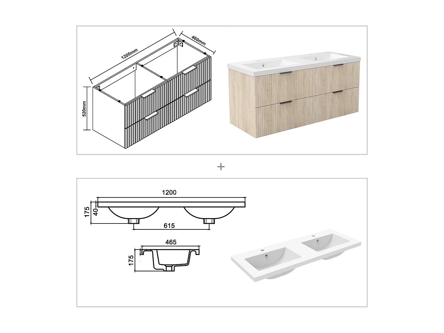 AICA Ensemble salle de bain suspendu Chêne 120 cm avec 4 tiroirs, vasque inclus
