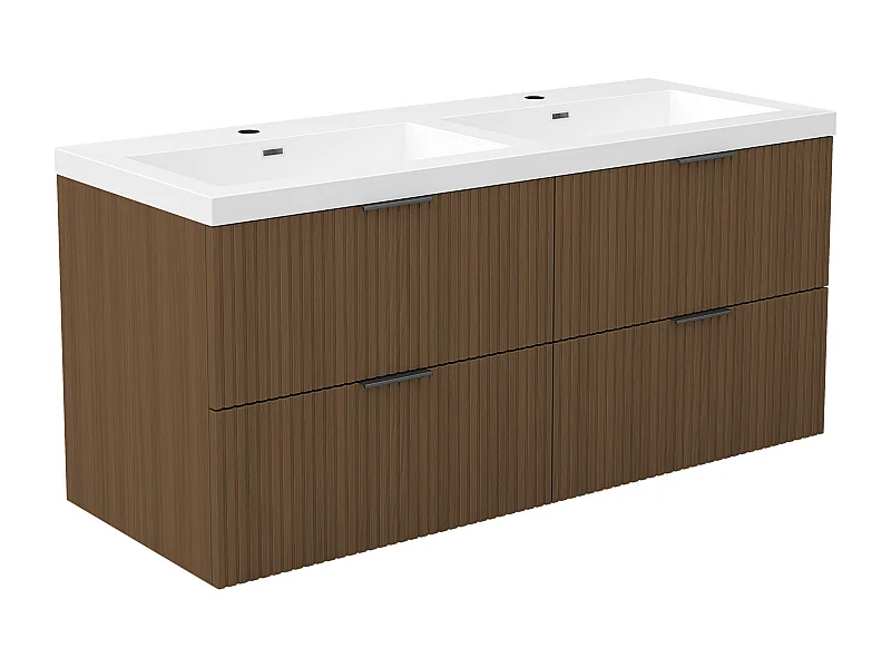 AICA Ensemble salle de bain suspendu 120 cm Noyer - Avec 4 tiroirs + double vasque