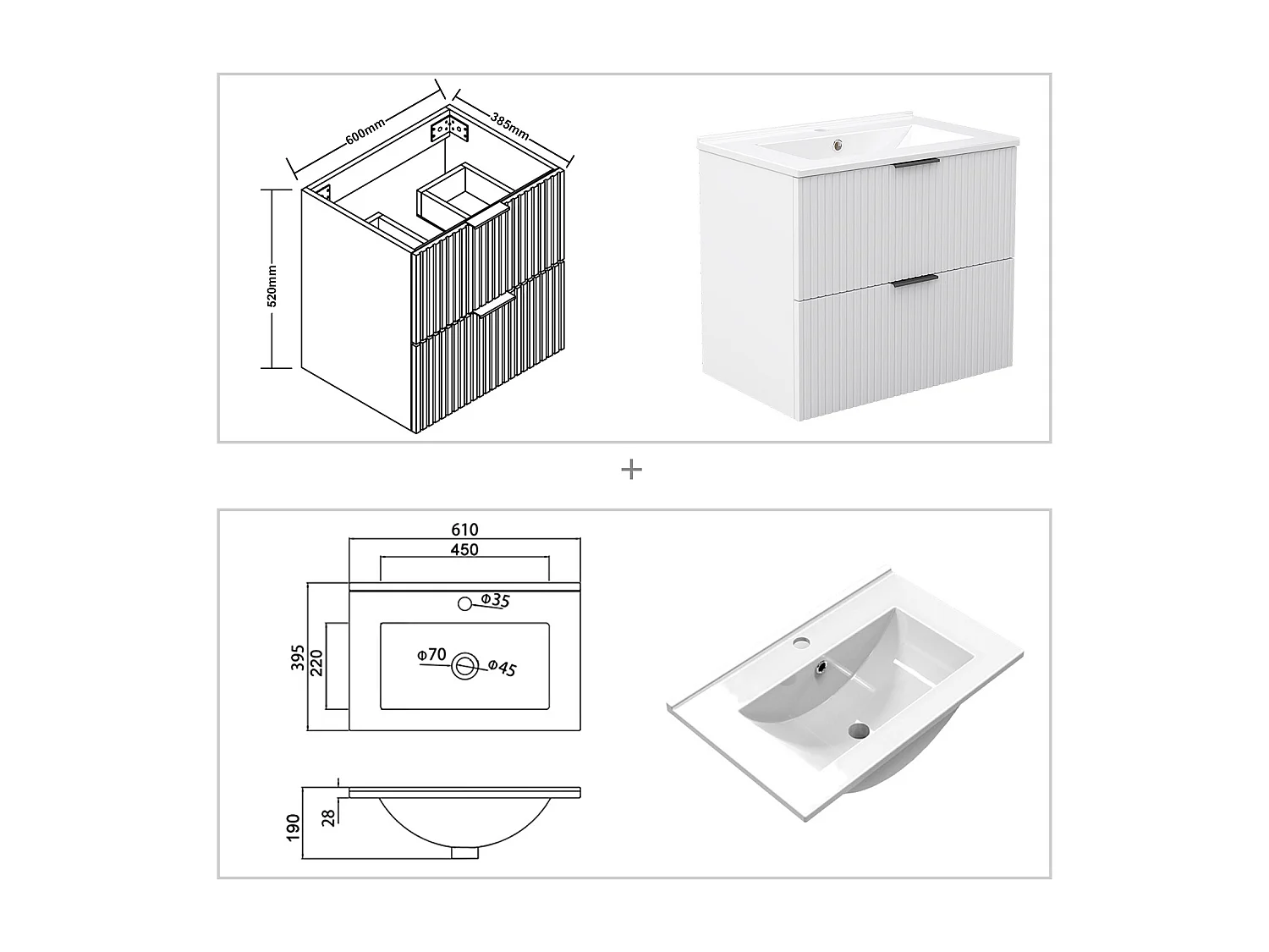 AICA Ensemble salle de bain suspendu 60 cm Blanc avec 2 tiroirs, vasque céramique - Meuble de salle de bain mural