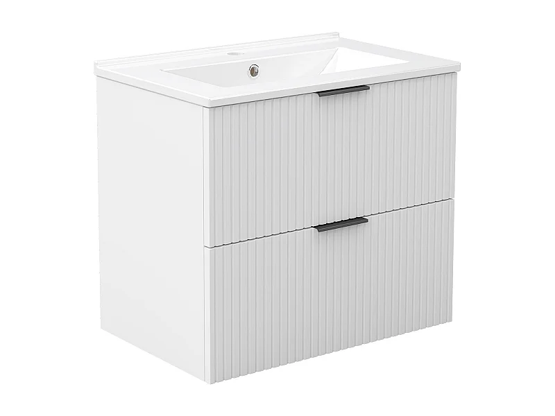 AICA Ensemble salle de bain suspendu 60 cm Blanc avec 2 tiroirs, vasque céramique - Meuble de salle de bain mural