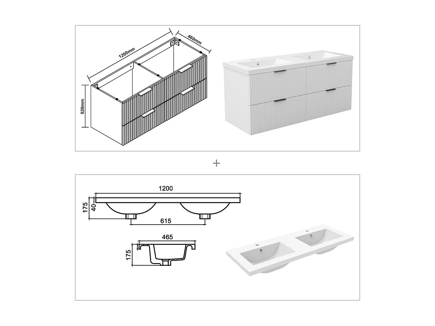 AICA Ensemble salle de bain suspendu Blanc 120 cm avec 4 tiroirs, vasque inclus