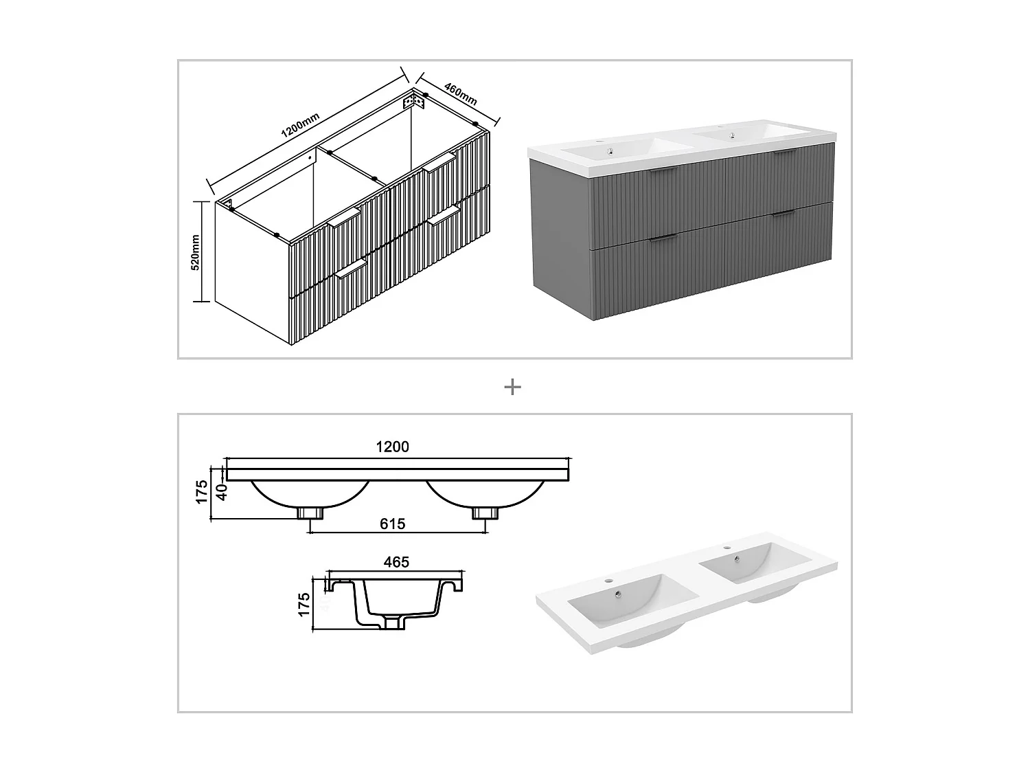 AICA Ensemble salle de bain suspendu Anthracite 120 cm avec 4 tiroirs, vasque inclus