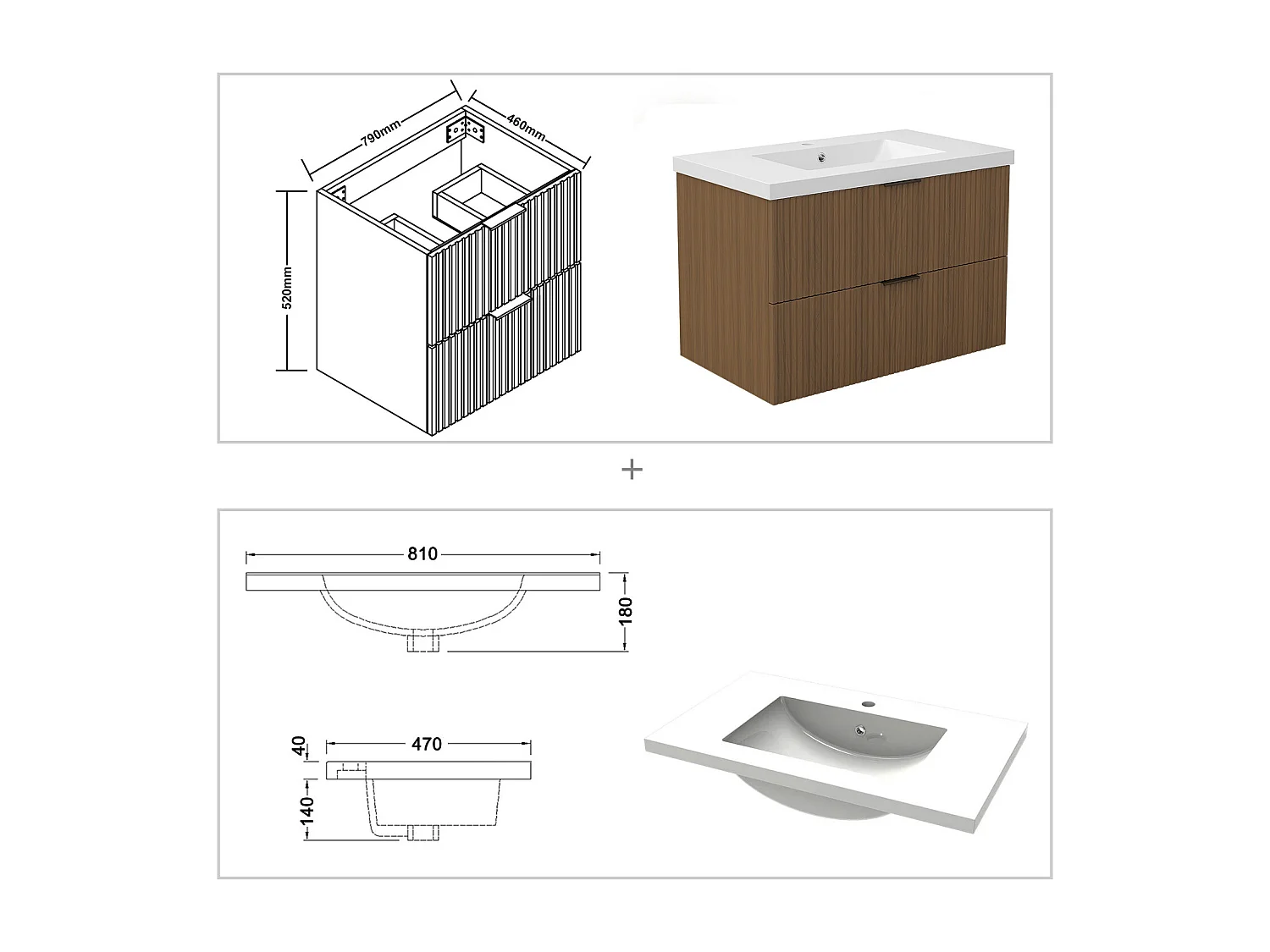 AICA Ensemble salle de bain suspendu Noyer 80 cm avec 2 tiroirs, vasque inclus