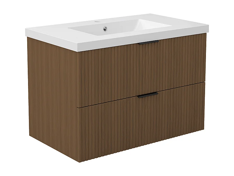 AICA Ensemble salle de bain suspendu Noyer 80 cm avec 2 tiroirs, vasque inclus