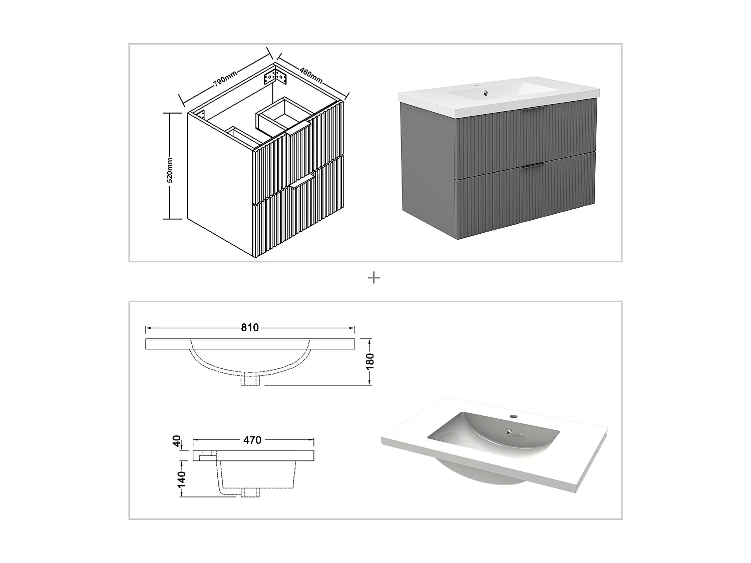 AICA Ensemble salle de bain suspendu Anthracite 80 cm avec 2 tiroirs, vasque inclus