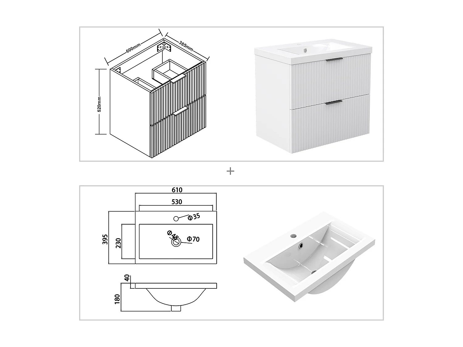AICA Ensemble salle de bain suspendu 60 cm Blanc avec 2 tiroirs + vasque Céramique