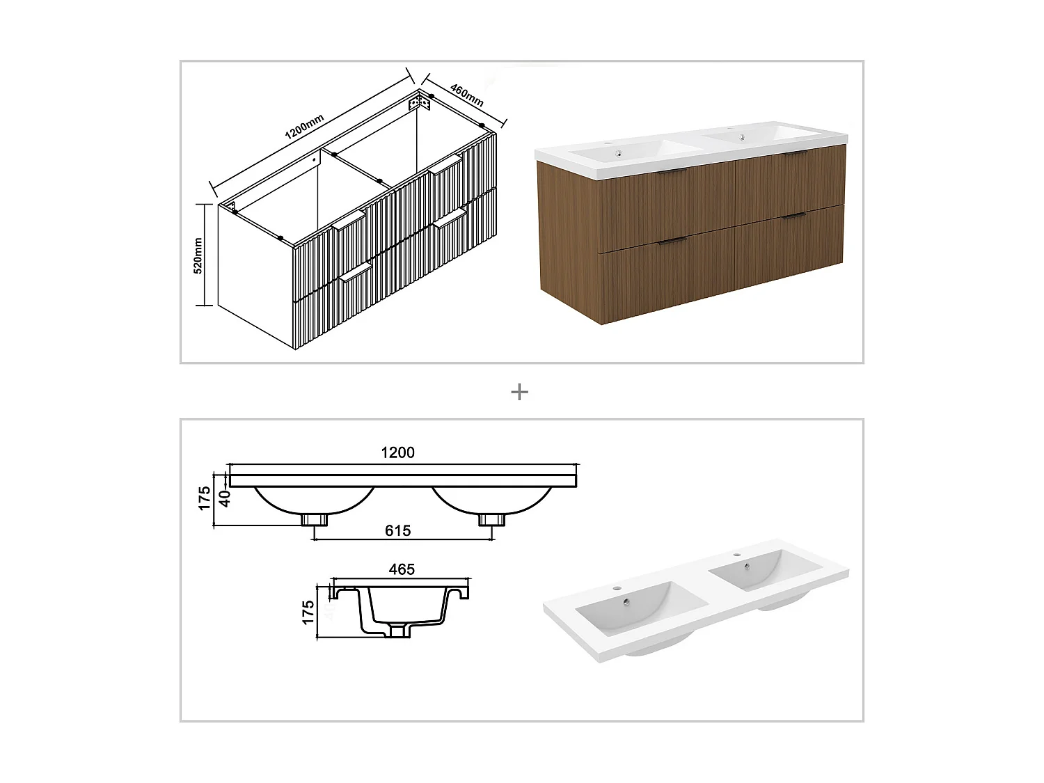 AICA Ensemble salle de bain suspendu Noyer 120 cm avec 4 tiroirs, vasque inclus