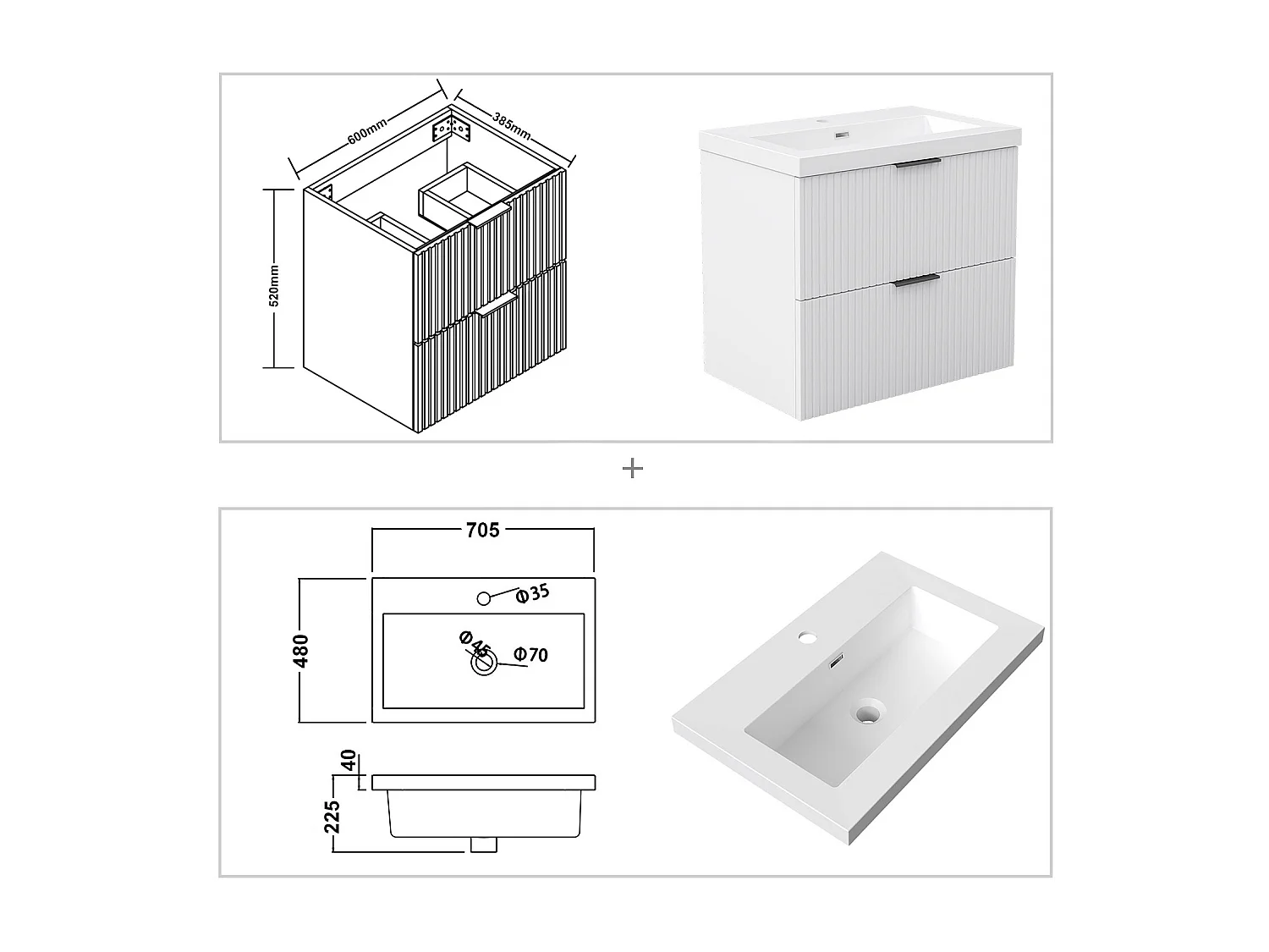AICA Ensemble salle de bain suspendu 60 cm Blanc - Avec 2 tiroirs + vasque