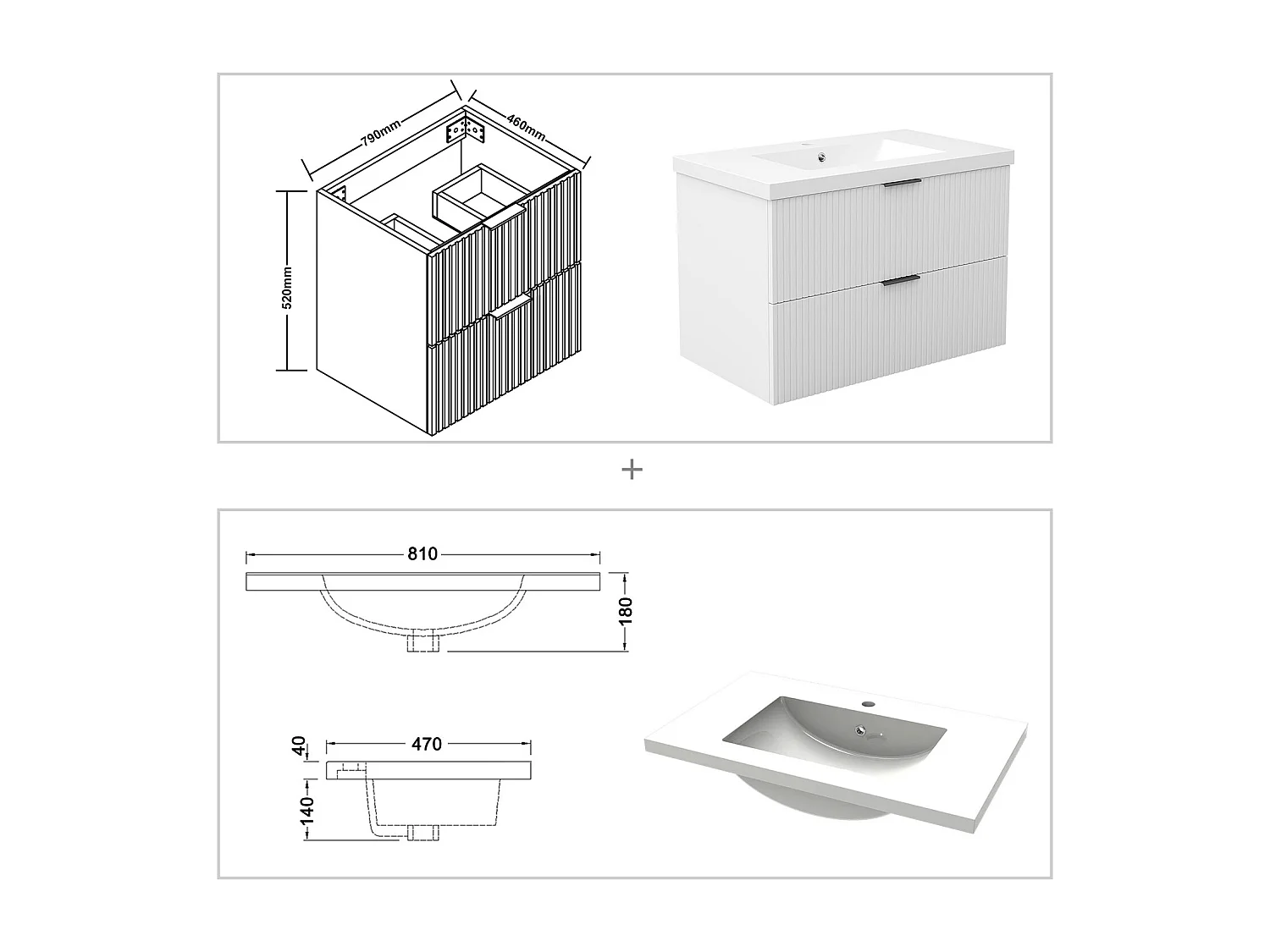 AICA Ensemble salle de bain suspendu Blanc 80 cm avec 2 tiroirs, vasque inclus