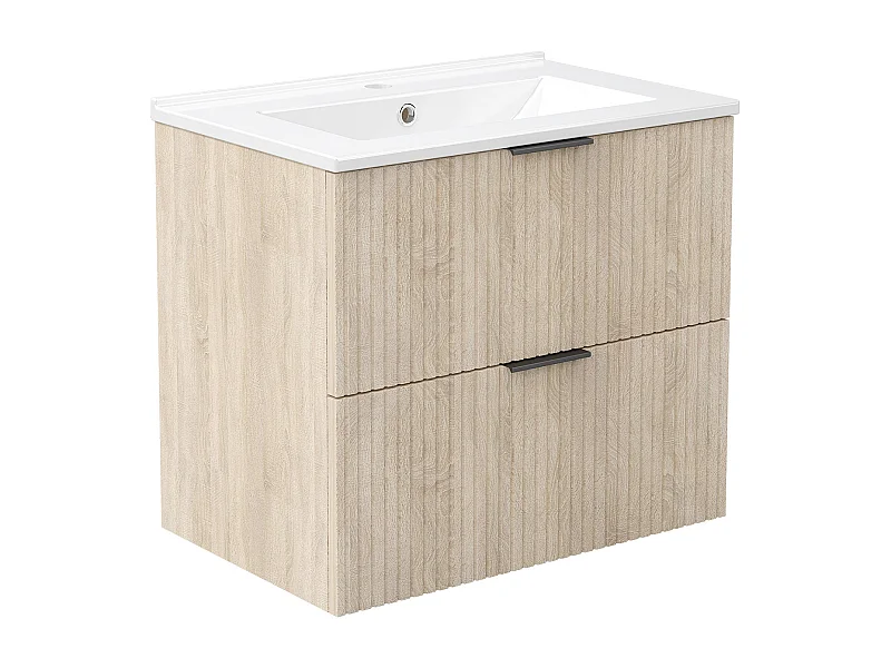 AICA Ensemble salle de bain suspendu 60 cm Chêne avec 2 tiroirs, vasque céramique - Meuble de salle de bain mural