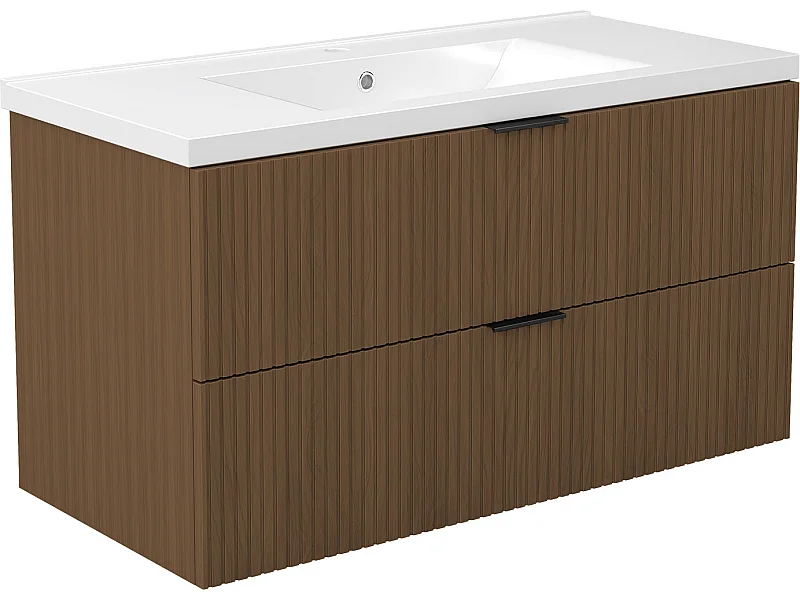 AICA Ensemble salle de bain suspendu 100 cm Noyer avec 2 tiroirs + vasque Céramique