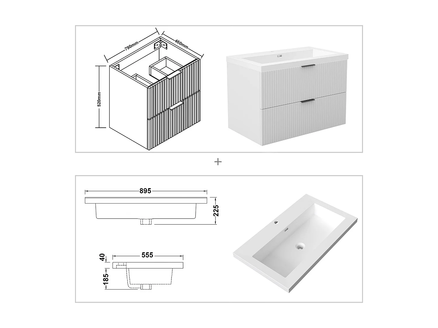 AICA Ensemble salle de bain suspendu 80 cm Blanc - Avec 2 tiroirs + vasque
