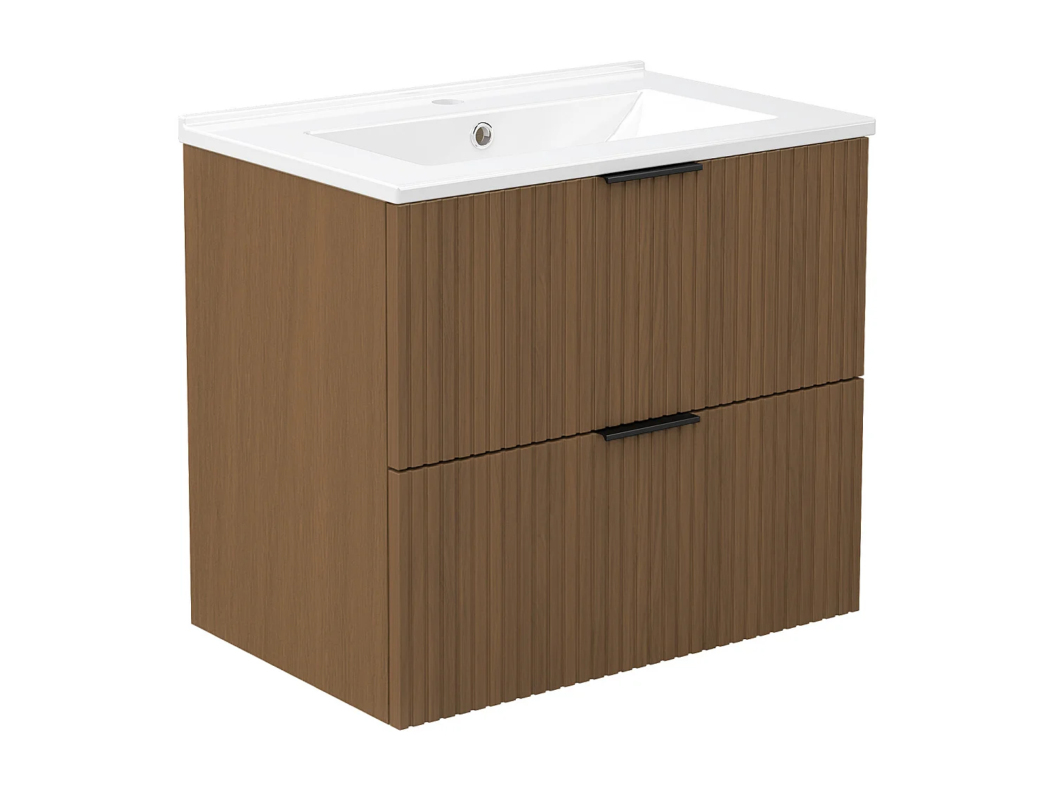 AICA Ensemble salle de bain suspendu 60 cm Noyer avec 2 tiroirs, vasque céramique - Meuble de salle de bain mural