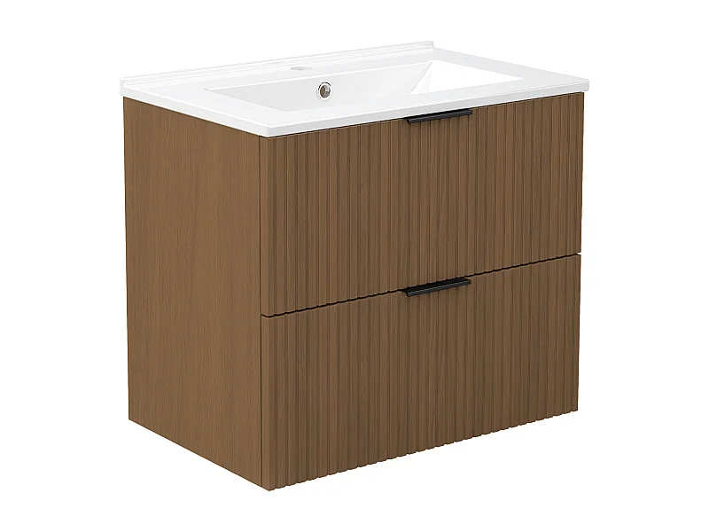 AICA Ensemble salle de bain suspendu 60 cm Noyer avec 2 tiroirs, vasque céramique - Meuble de salle de bain mural