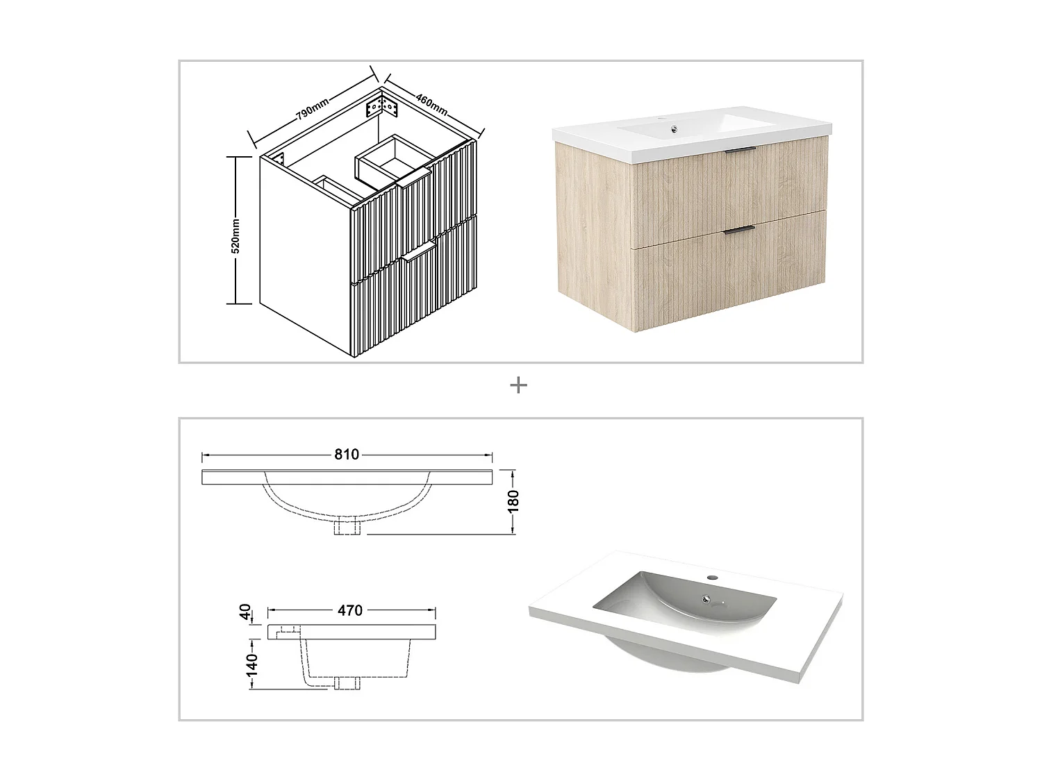 AICA Ensemble salle de bain suspendu Chêne 80 cm avec 2 tiroirs, vasque inclus