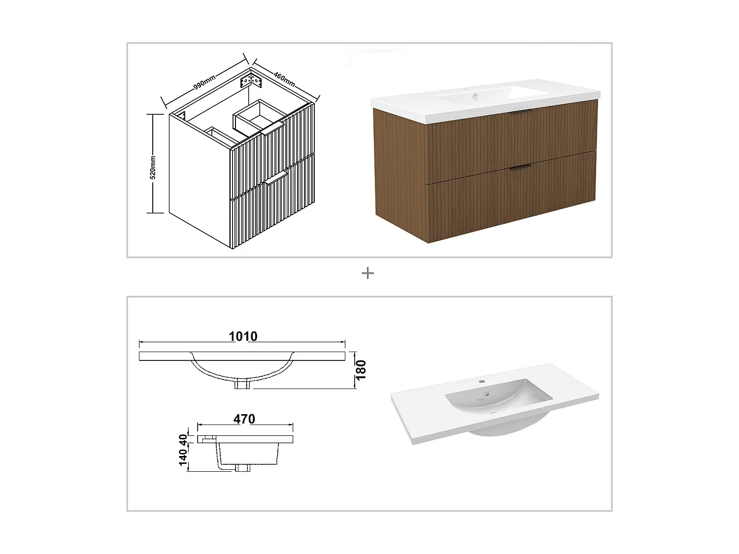 AICA Ensemble salle de bain suspendu Noyer 100 cm avec 2 tiroirs, vasque inclus