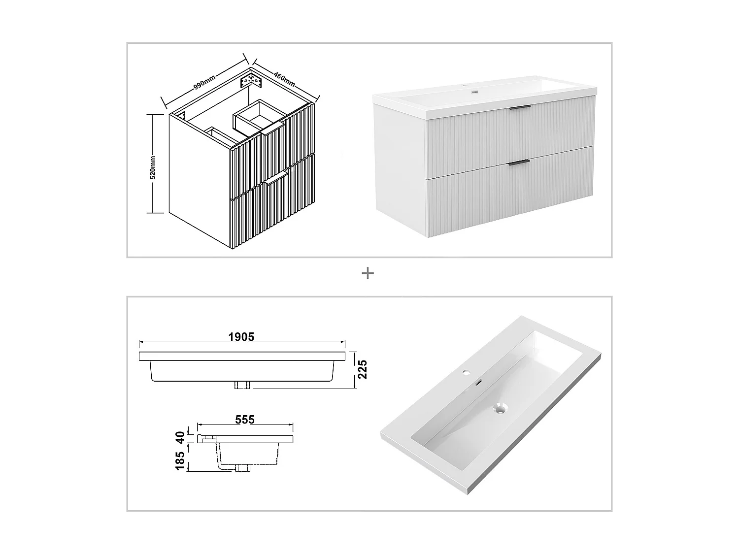 AICA Ensemble salle de bain suspendu 100 cm Blanc - Avec 2 tiroirs + vasque
