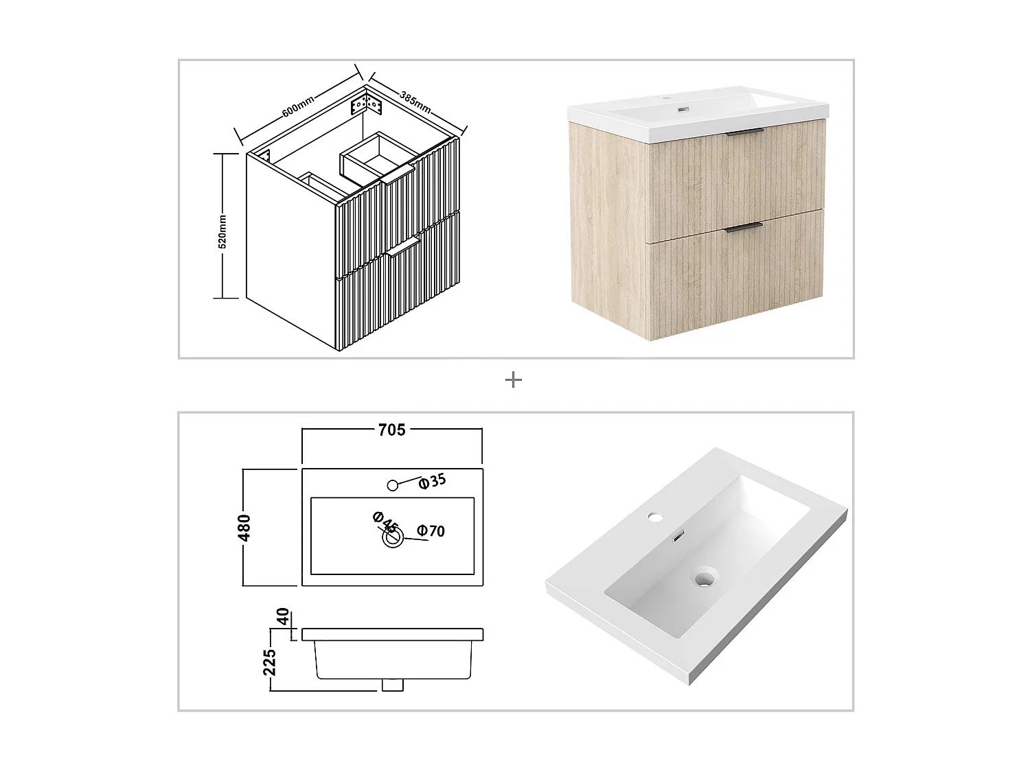 AICA Ensemble salle de bain suspendu 60 cm Chêne - Avec 2 tiroirs + vasque