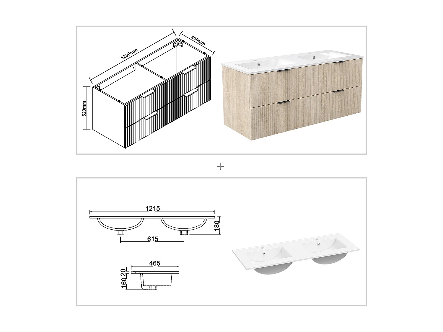 AICA Ensemble salle de bain suspendu 120 cm Chêne avec 4 tiroirs + vasque double en céramique