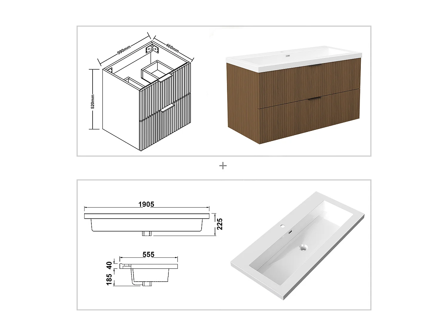 AICA Ensemble salle de bain suspendu 100 cm Noyer - Avec 2 tiroirs + vasque