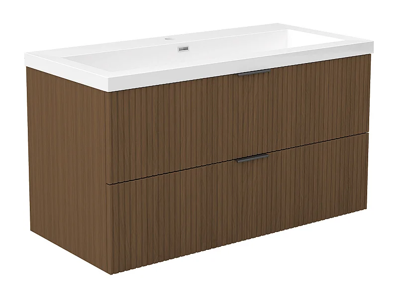 AICA Ensemble salle de bain suspendu 100 cm Noyer - Avec 2 tiroirs + vasque