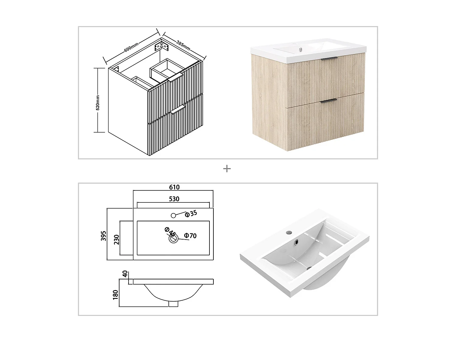 AICA Ensemble salle de bain suspendu 60 cm Chêne avec 2 tiroirs + vasque Céramique