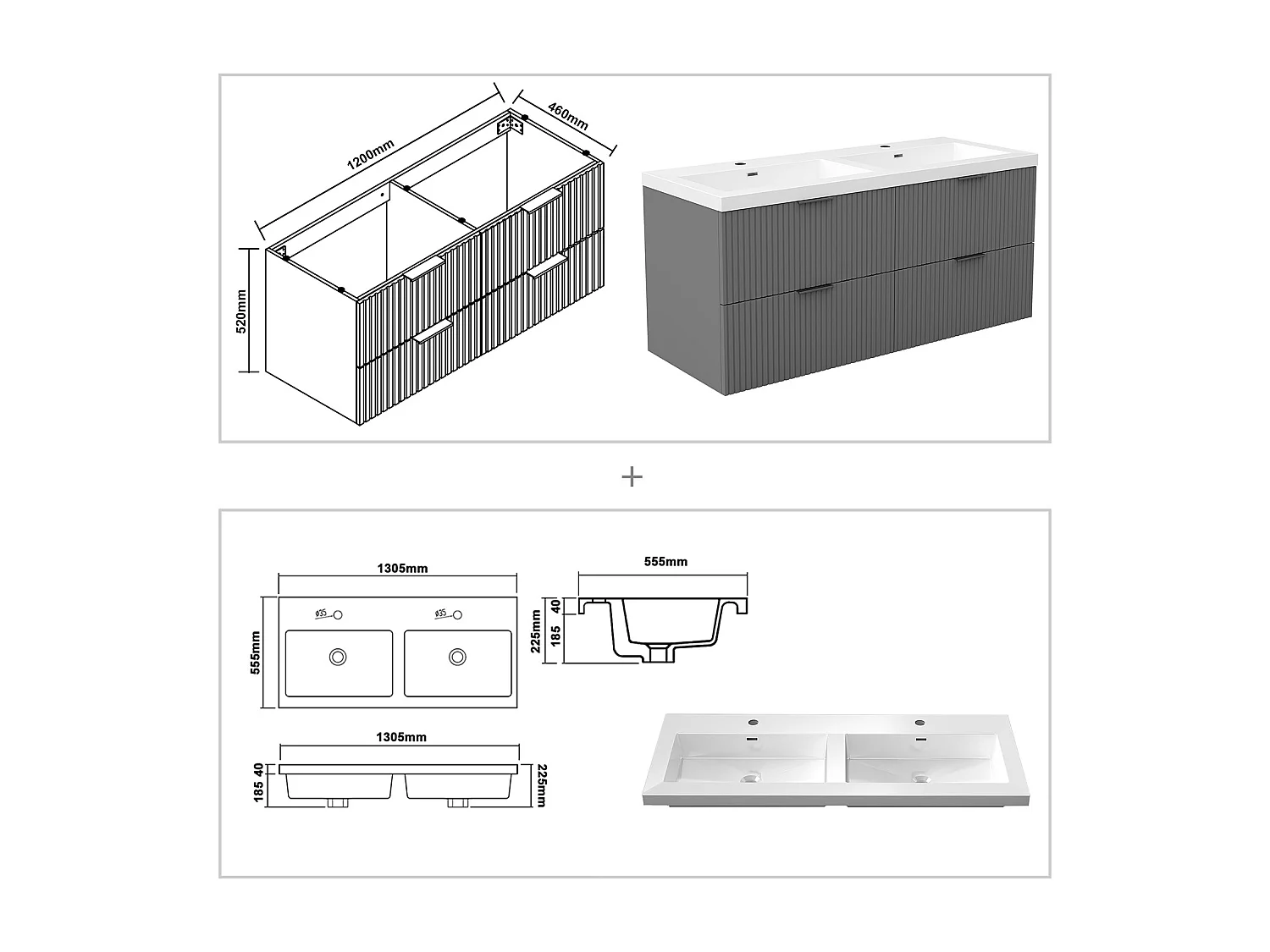 AICA Ensemble salle de bain suspendu 120 cm Anthracite - Avec 4 tiroirs + double vasque