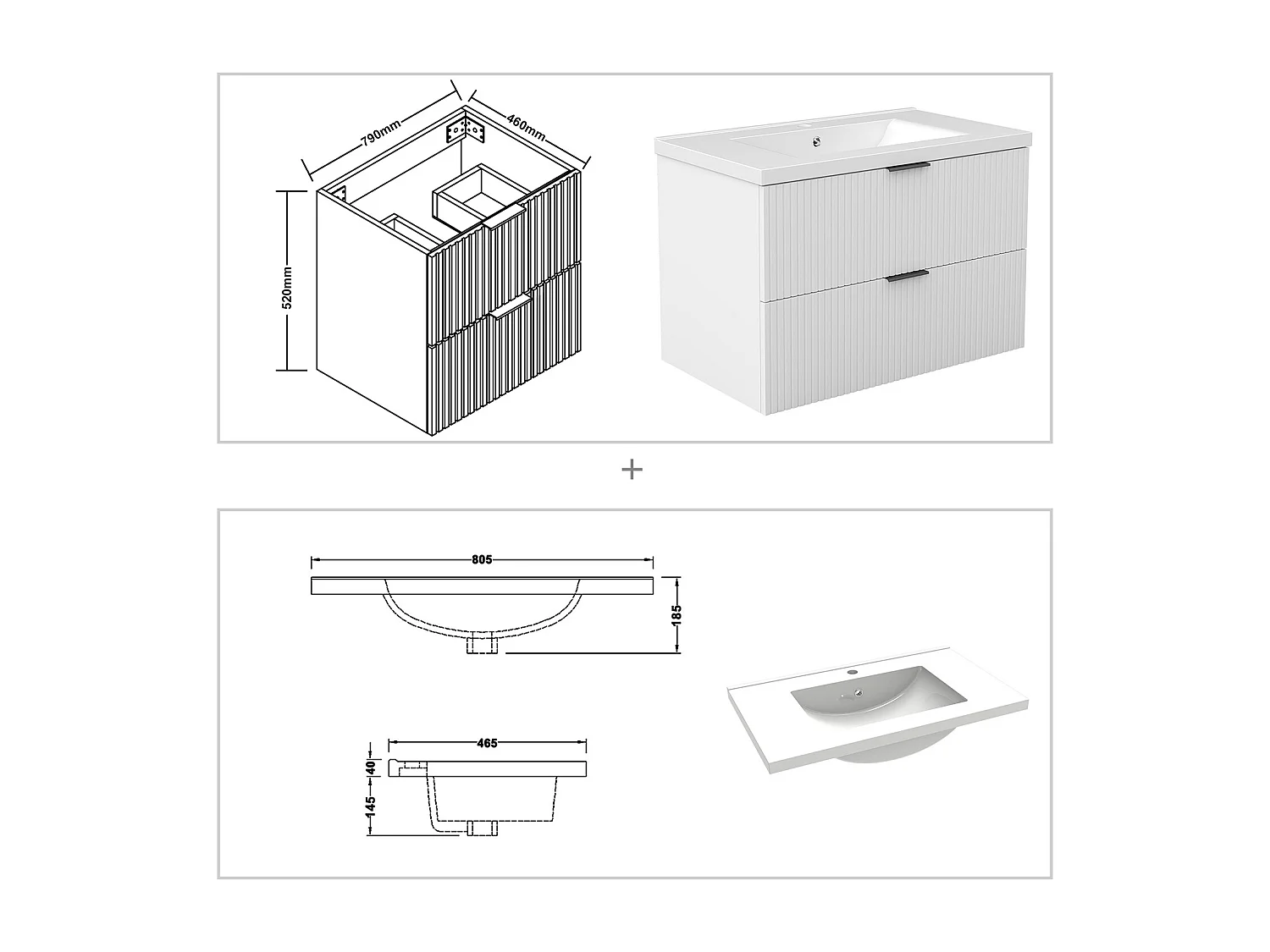 AICA Ensemble salle de bain suspendu 80 cm Blanc avec 2 tiroirs + vasque Céramique