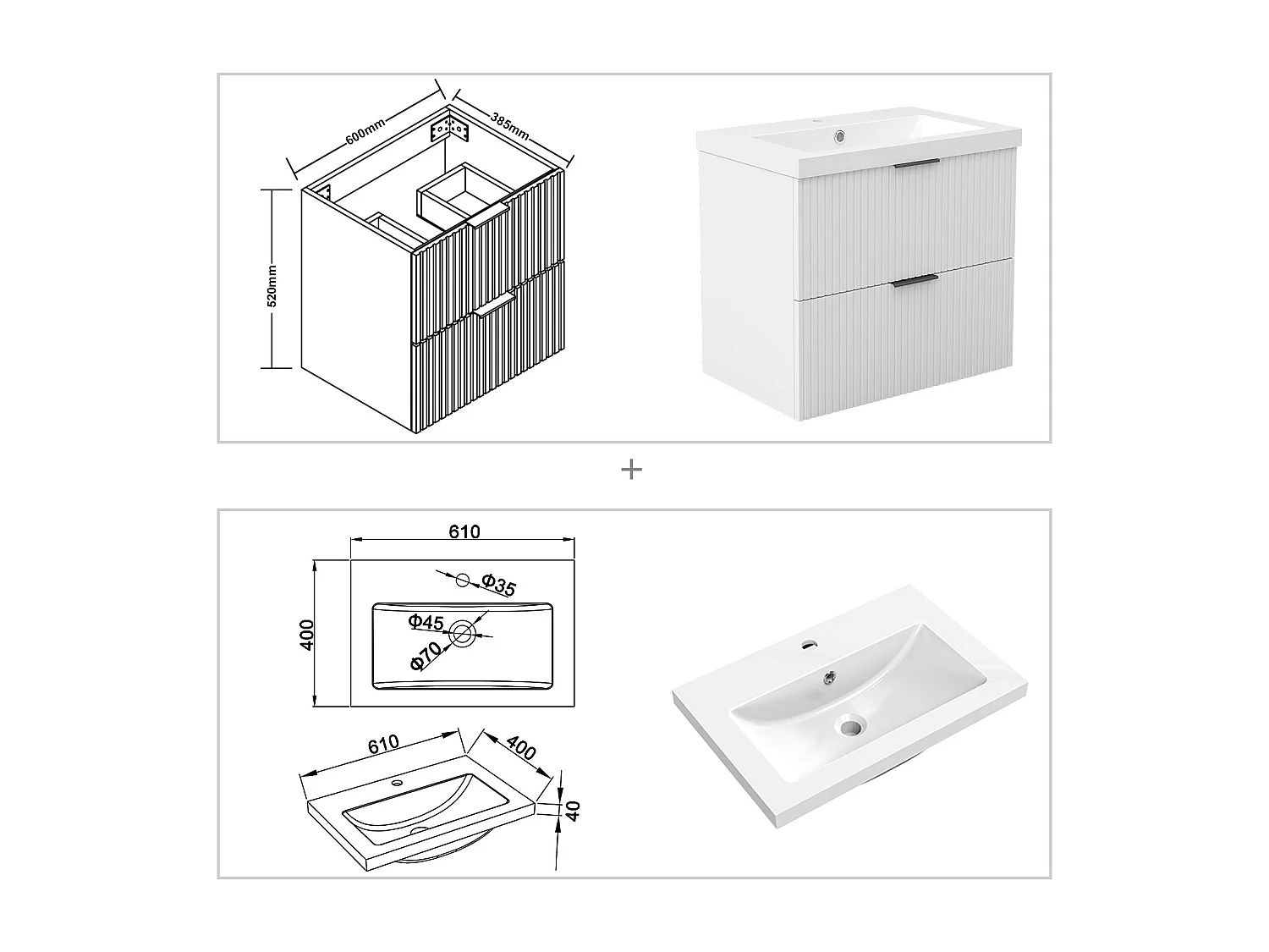 AICA Ensemble salle de bain suspendu Blanc 60 cm avec 2 tiroirs, vasque inclus