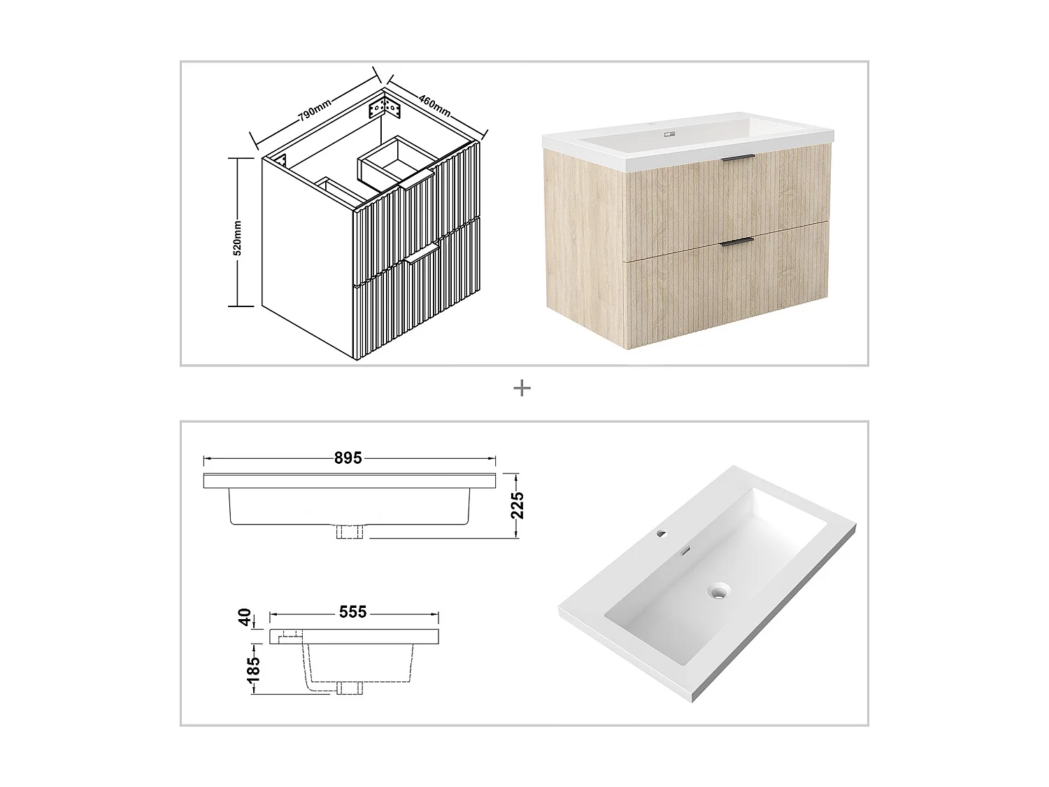 AICA Ensemble salle de bain suspendu 80 cm Chêne - Avec 2 tiroirs + vasque