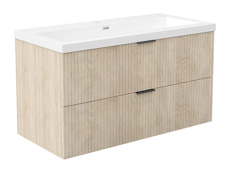 AICA Ensemble salle de bain suspendu 100 cm Chêne - Avec 2 tiroirs + vasque