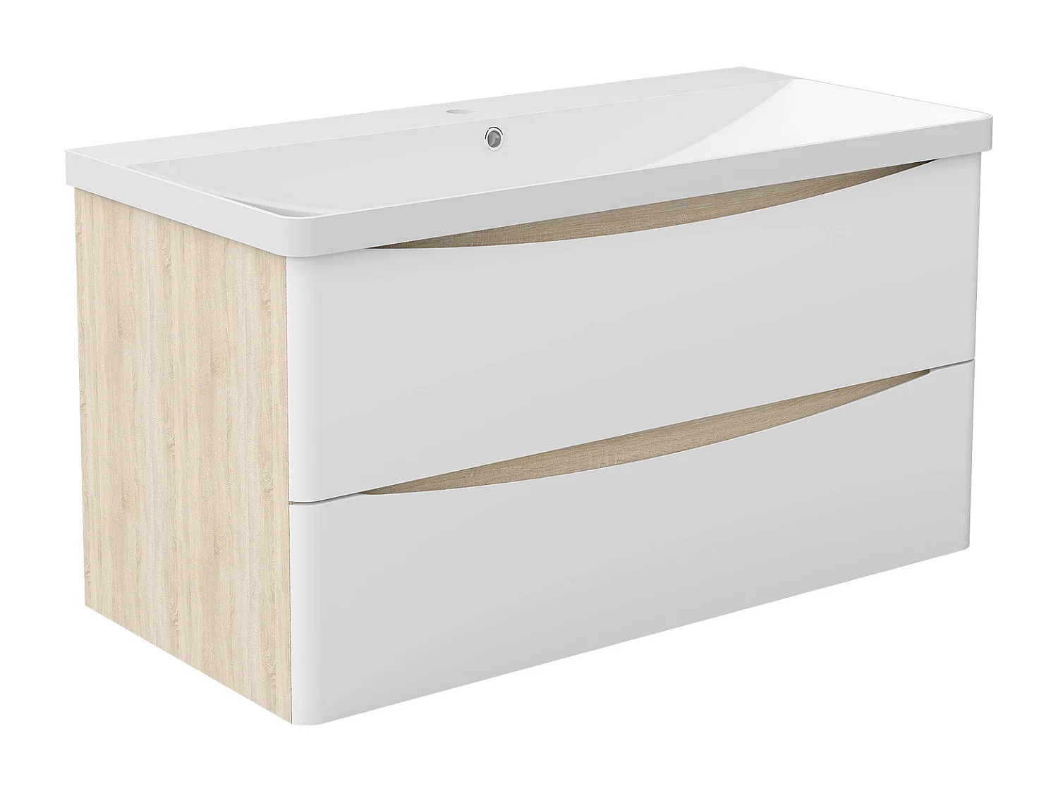 AICA Ensemble salle de bain suspendu Brillant 100 cm avec vasque + 2 tiroirs, Blanc et Chêne